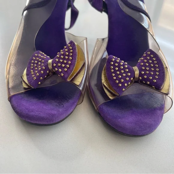Vintage Onex Purple Gold Clear Studded Bow Retro Slingback Heels 80s 90s Size 9 - Picture 6 of 10